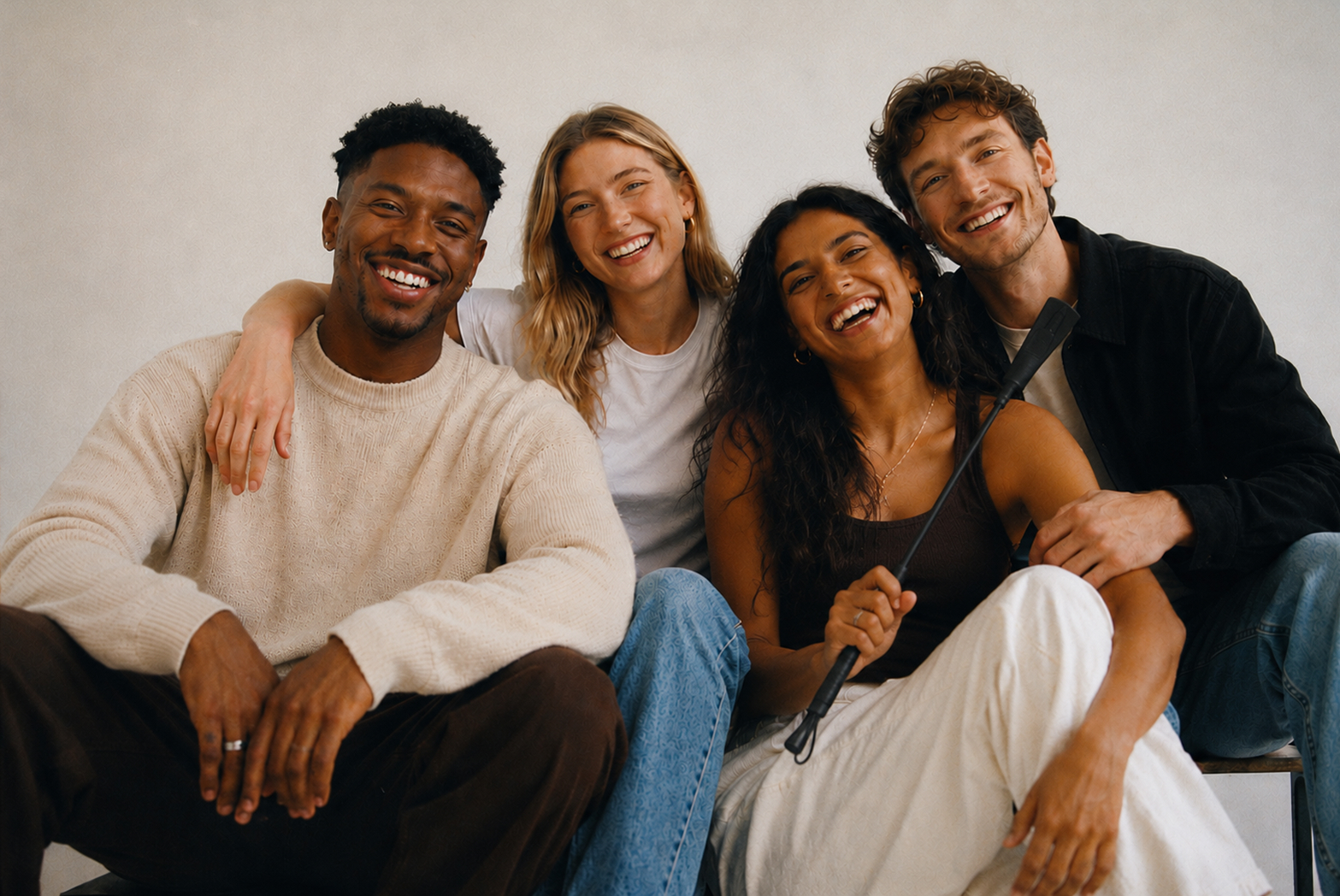 Four friends sitting close together, laughing