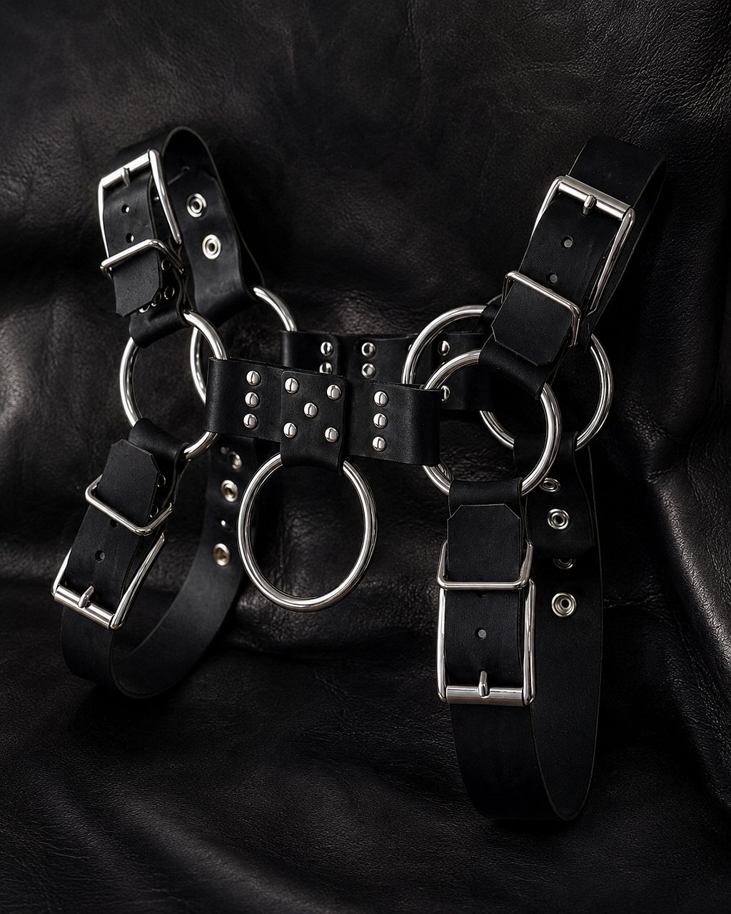 Custom black leather harness with polished steel rings